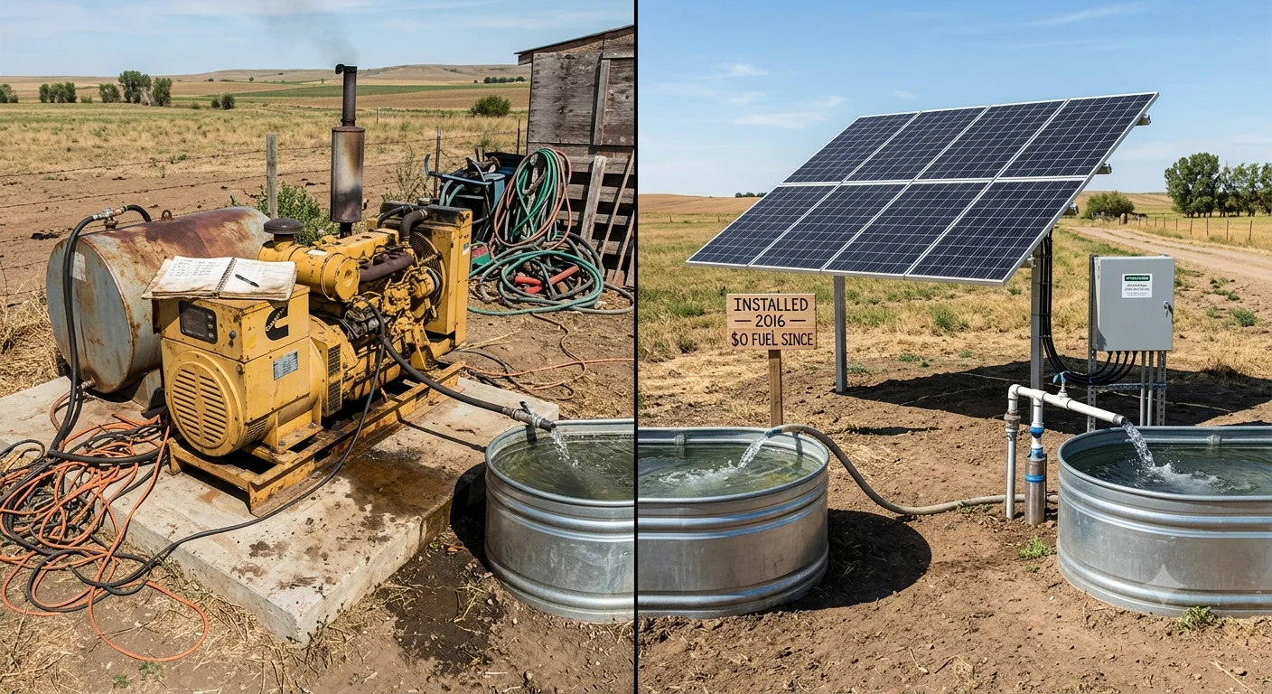 A split-view photograph of two farm water pumping setups. Le