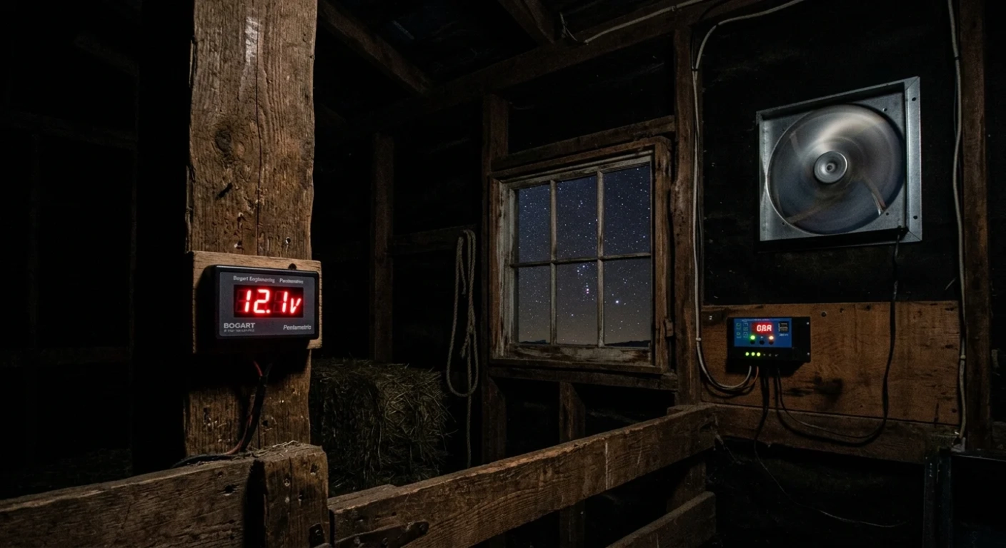 A dark barn interior at 2 AM, illuminated only by the small LED indicators on a solar charge controller and a spinning exhaust fan