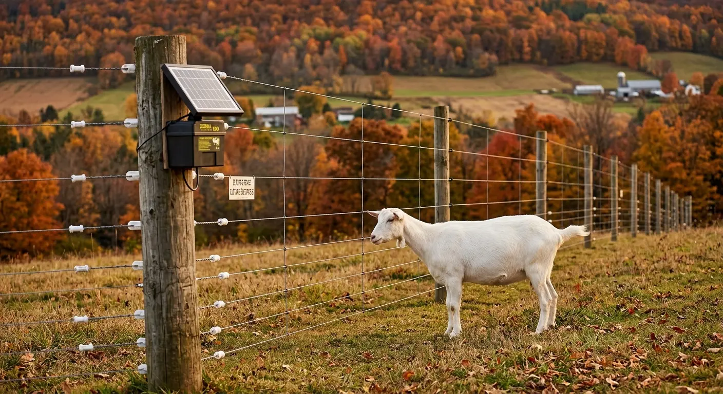 Multi-wire solar electric fence containing goats on an autumn hillside with solar charger on wooden post
