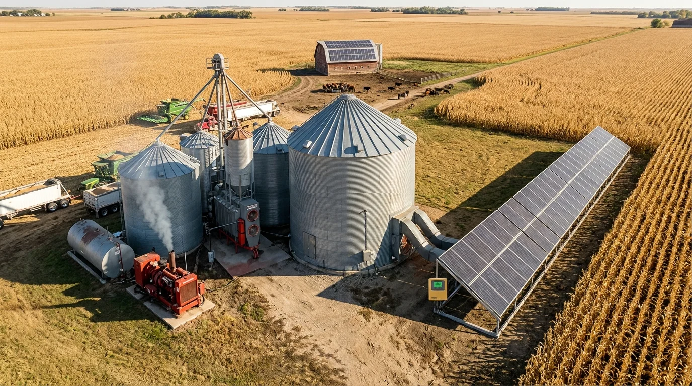 Grain bin farm with diesel dryer and solar air heater arrays side by side during corn harvest