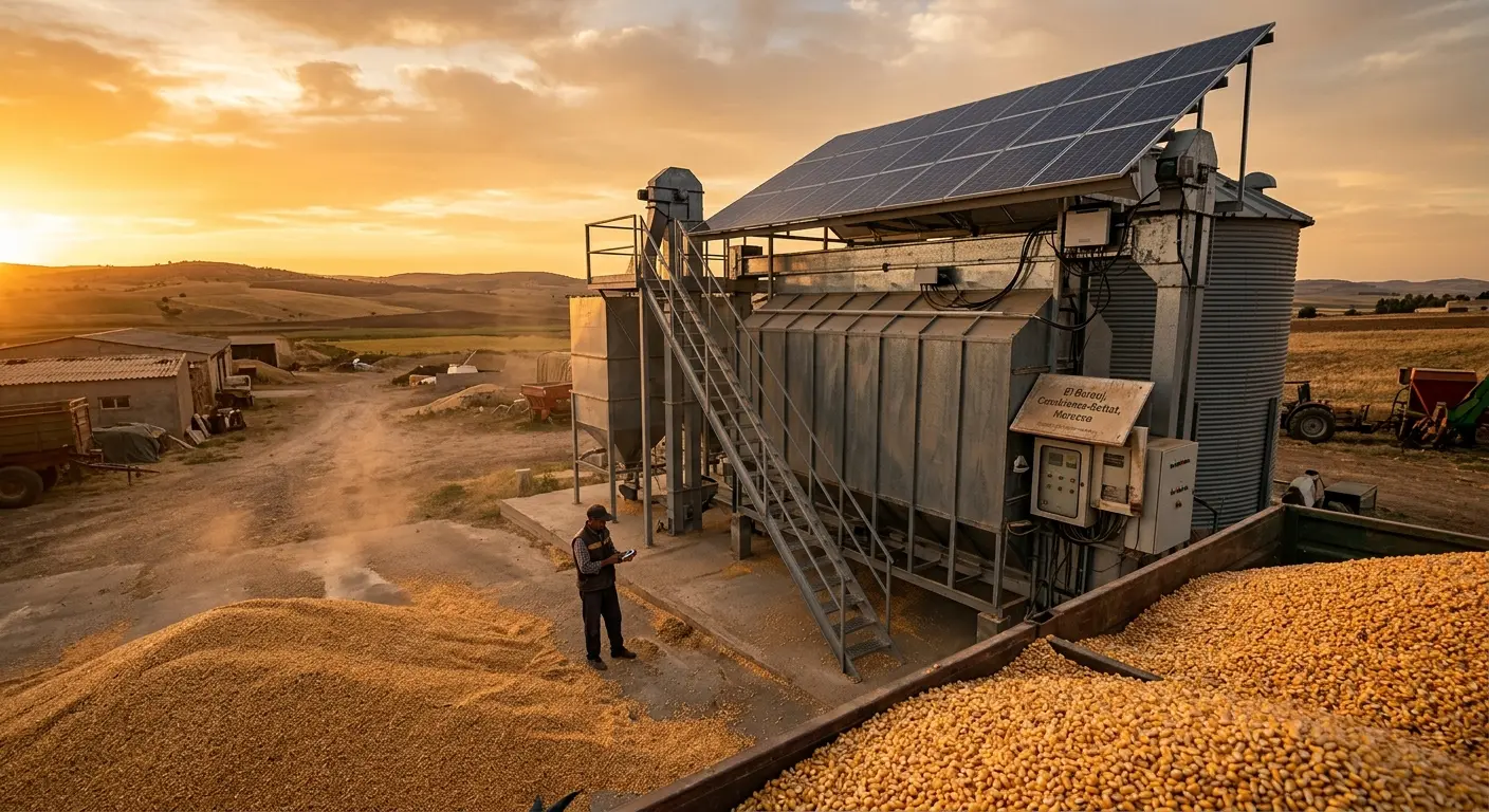 Grain drying bin with roof-mounted solar array powering the dryer, with corn kernels in the foreground and a farmer checking moisture levels.