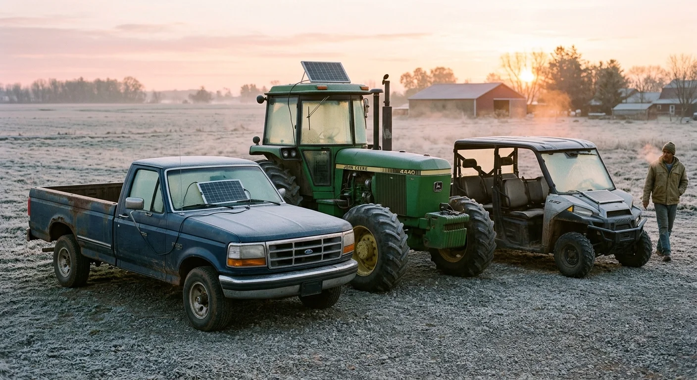 Farm trucks and tractor with small solar trickle charger panels mounted on hoods and dashboards