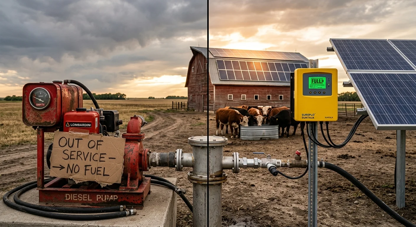 Empty farm diesel fuel station with out of service sign, solar panels on barn roof in background