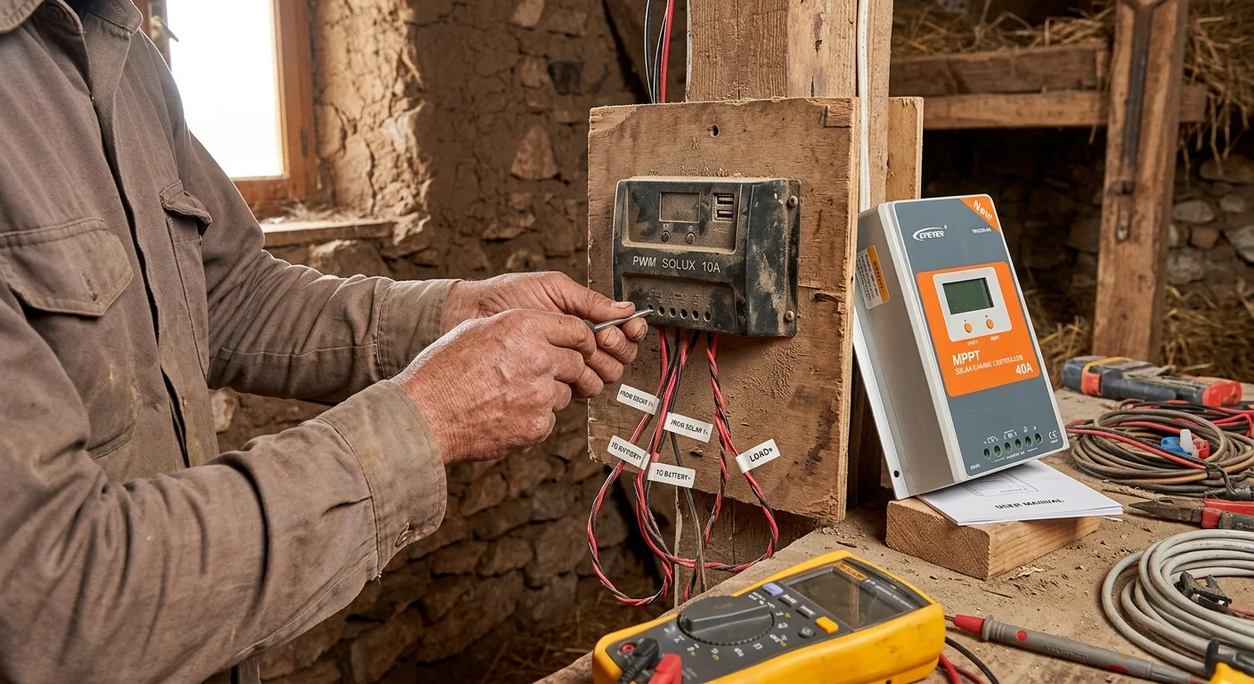 armer replacing an old PWM solar charge controller with a new MPPT unit in a barn electrical corne