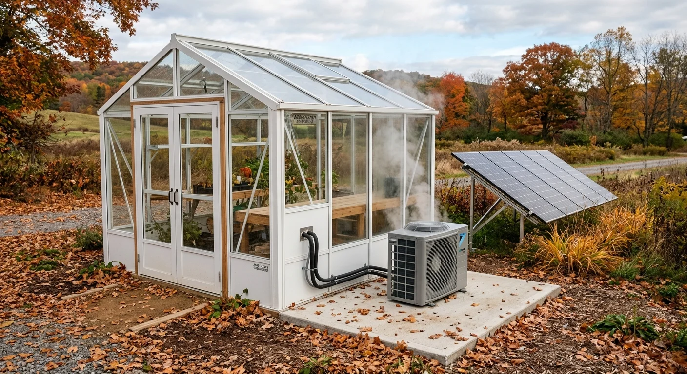 Solar-powered air-source heat pump unit outside a greenhouse in autumn with nearby ground-mounted solar panels