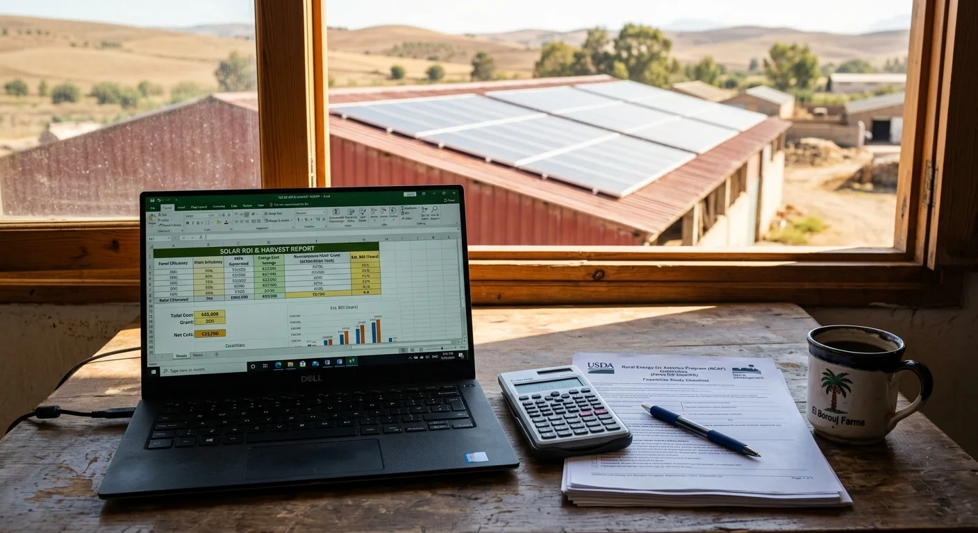 Farm office desk with solar ROI spreadsheet on laptop, USDA REAP forms, and calculator, with barn roof solar panels visible through the window.