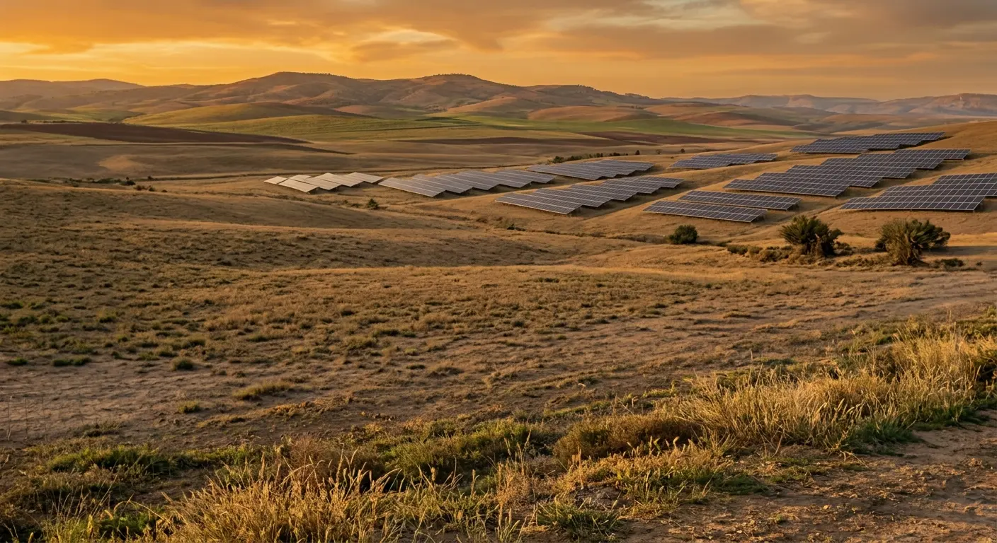 Three farmers comparing solar financing options — cash purchase, loan, and PPA — in front of a farm solar array.