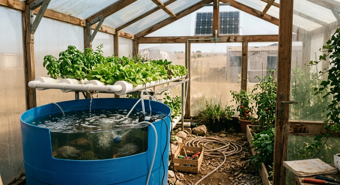 : Interior of a greenhouse solar aquaponics system with fish tank, grow beds, and small solar panel visible through roof
