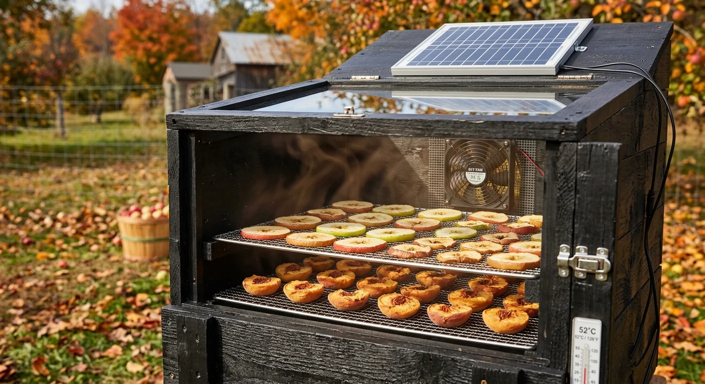 Sliced peaches and apples drying on wire trays inside a homemade solar food dehydrator box with small fan and panel