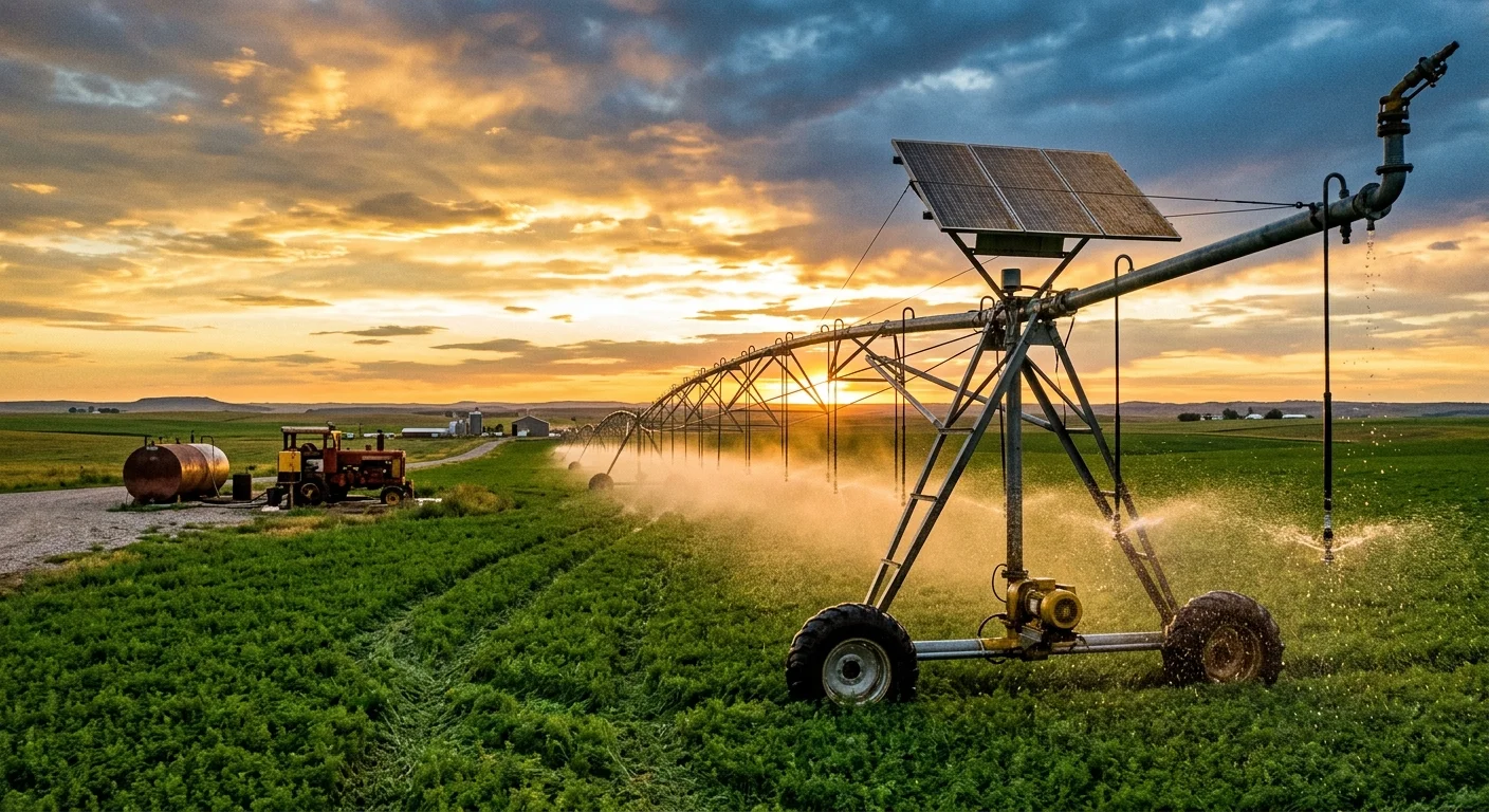 Center pivot irrigation system with solar panels mounted on the tower and diesel pump at the pivot point