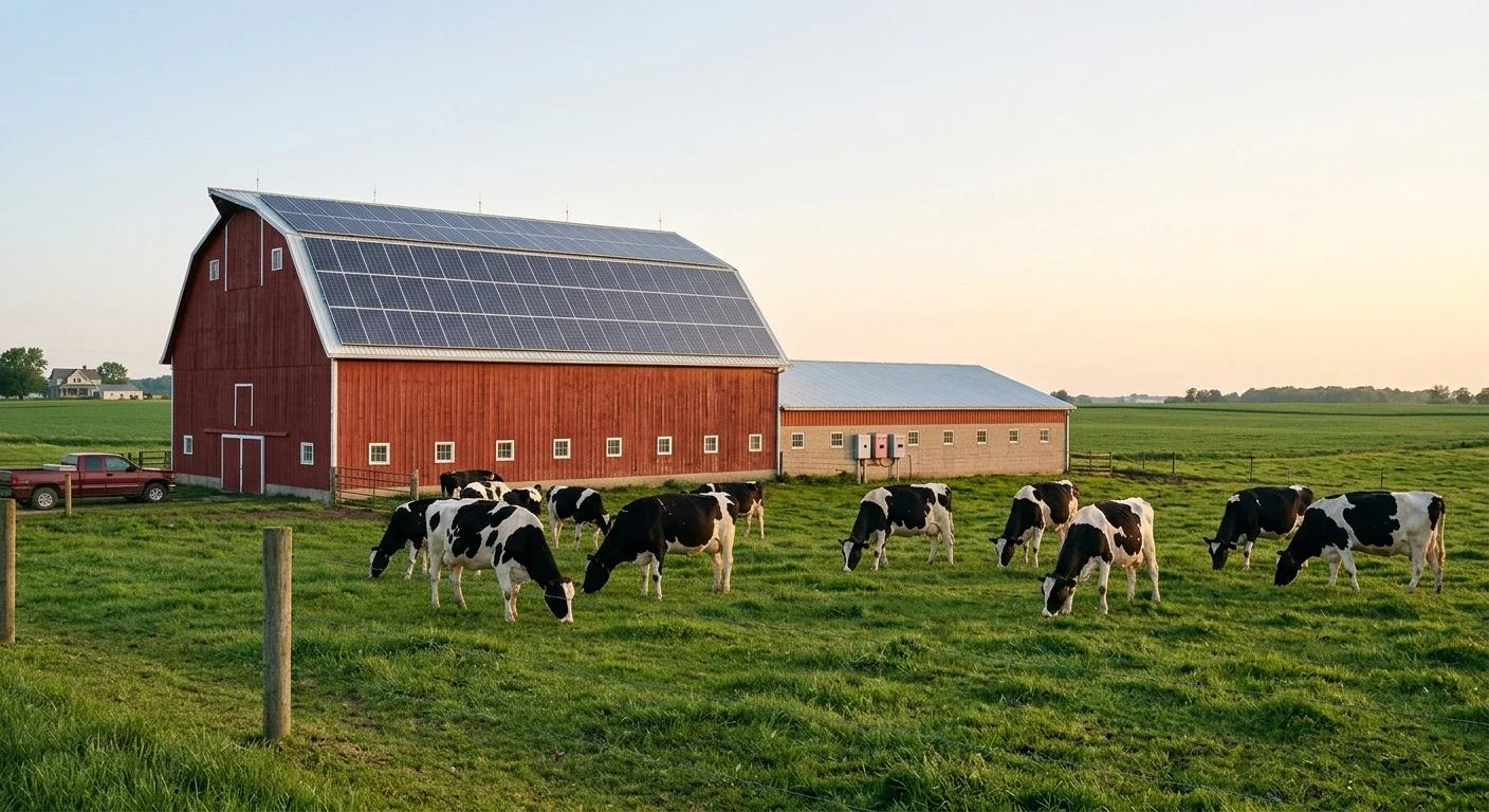 Farmer checking volatile diesel fuel prices at co-op versus stable solar panels on his barn roof