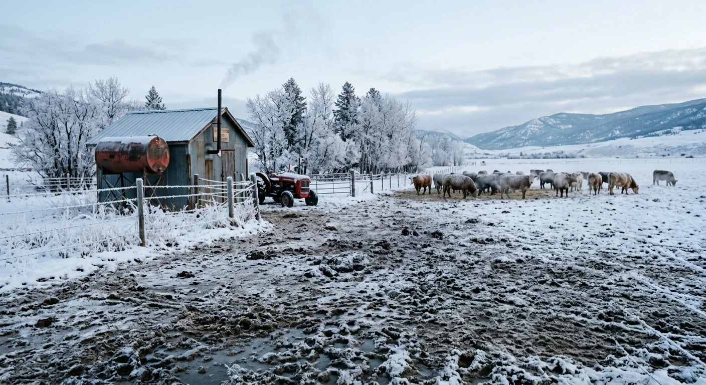 Solar-powered stock tank de-icer in open water trough with diesel boiler shed in background, winter pasture