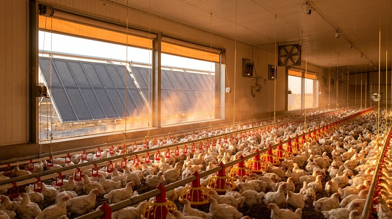 Broiler chickens in a heated barn with solar air heater panels on the south wall
