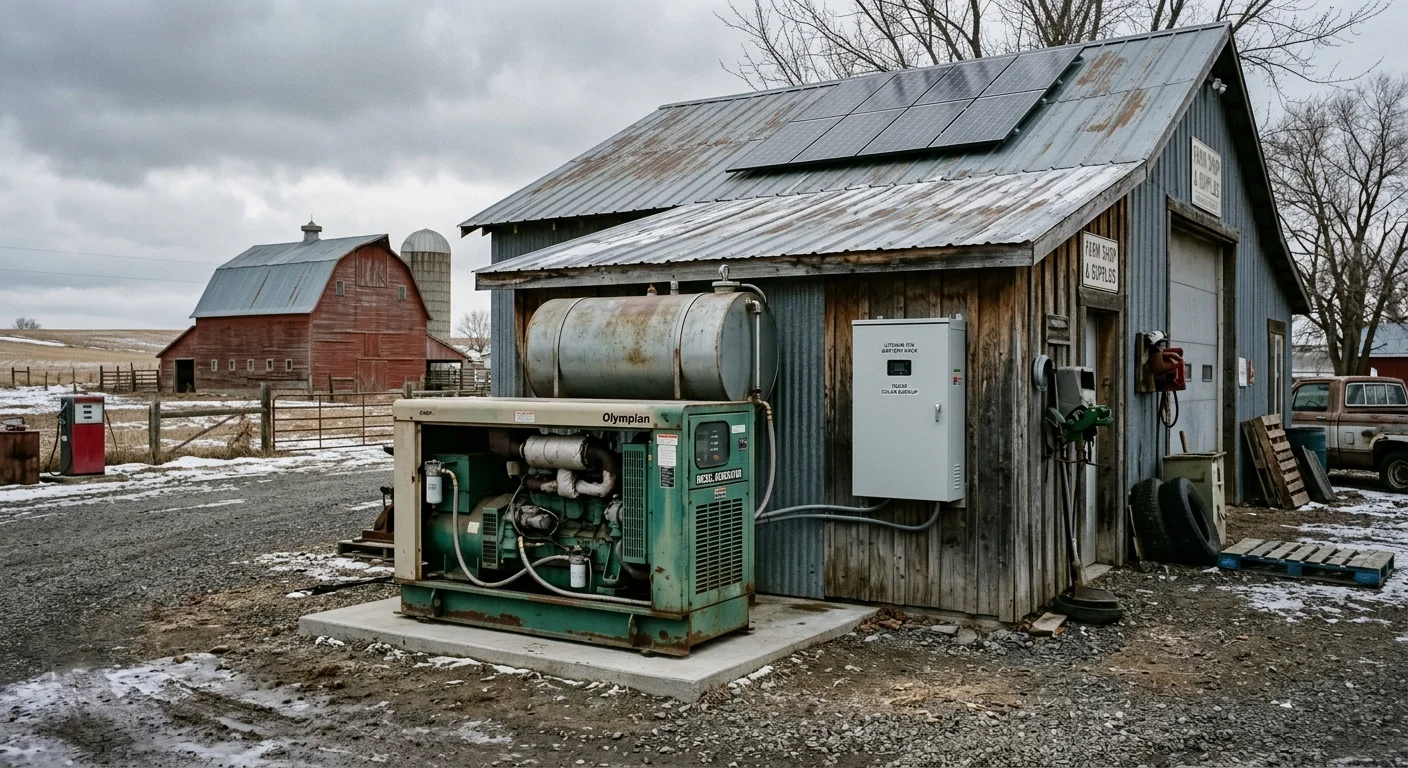Diesel standby generator next to solar battery backup system outside a farm shop