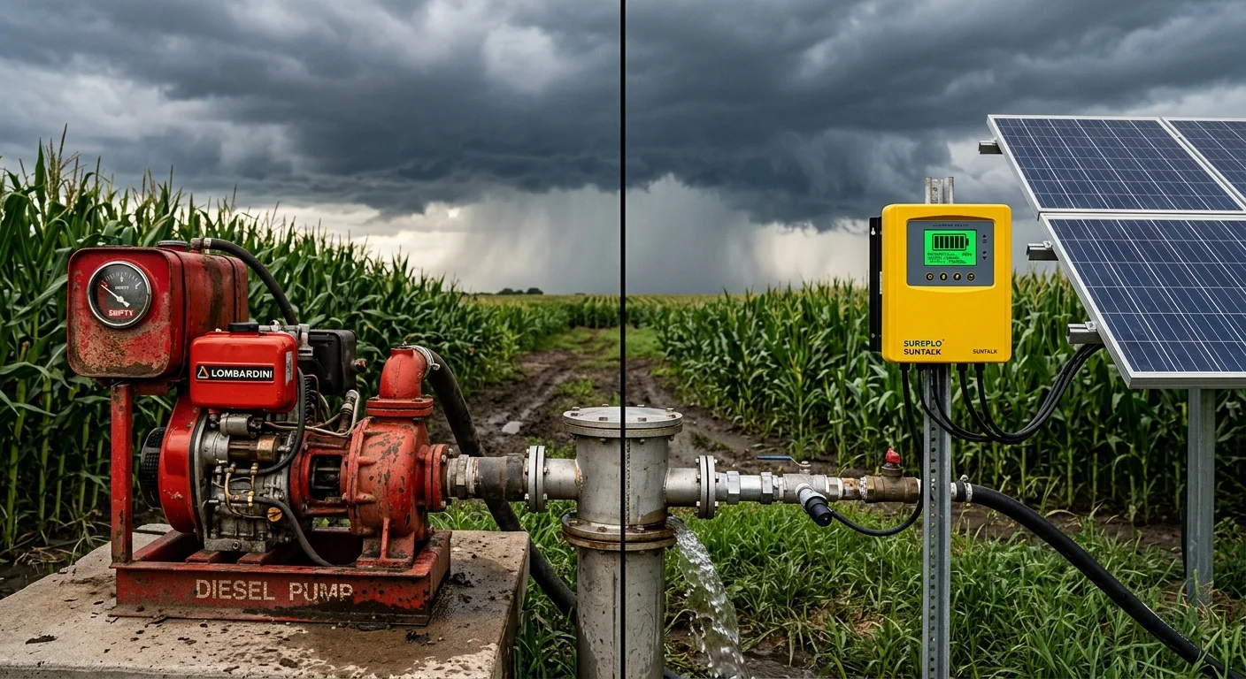 Diesel pump with empty gauge next to solar pump controller with full battery at a farm wellhead