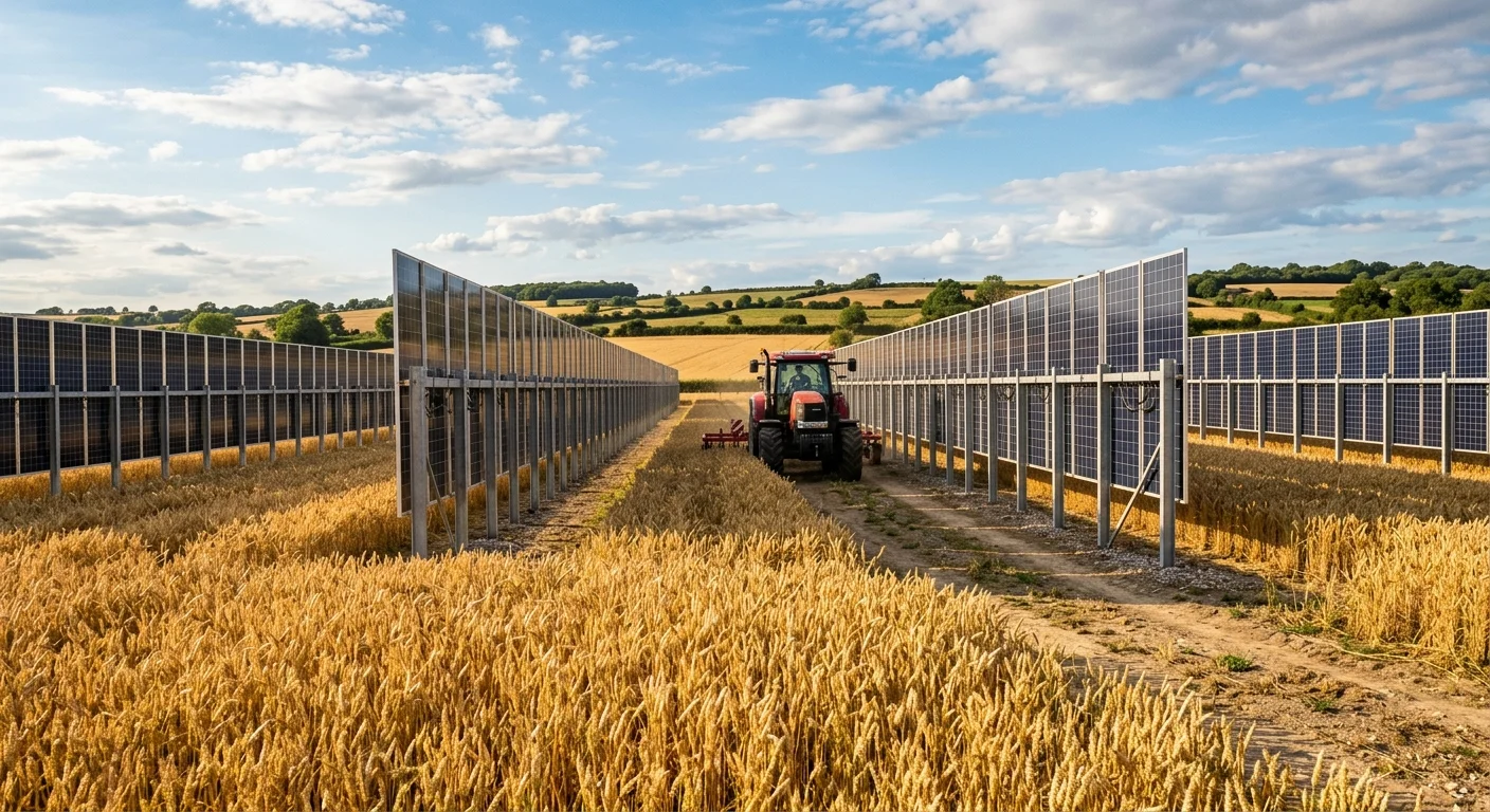 Vertical bifacial solar panels installed in rows across a wheat field, with a tractor path visible between the panel rows.