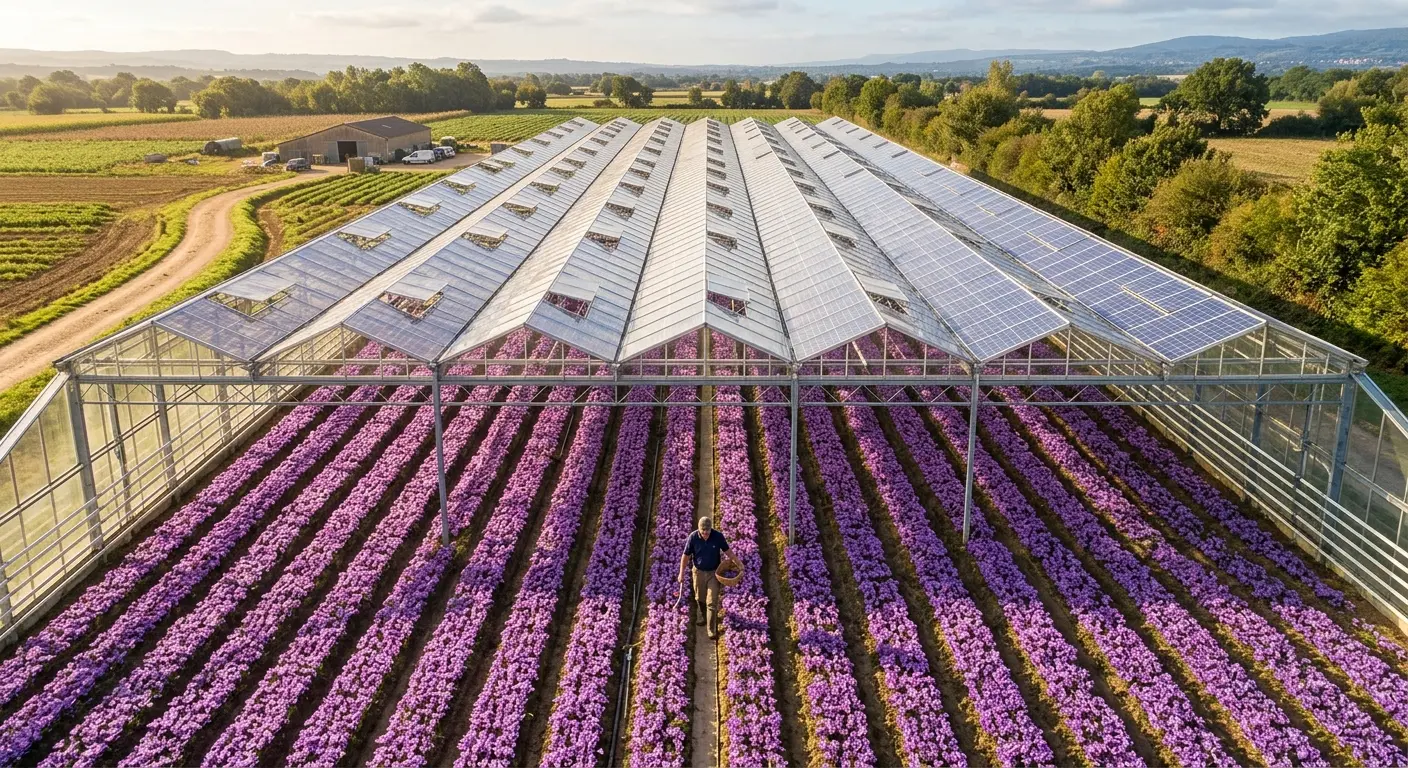 Semi-transparent solar panels above rows of saffron crocus flowers in a commercial greenhouse agrivoltaic system, with a farmer inspecting the crop.