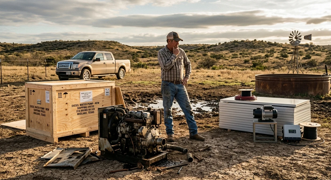 Farmer deciding between repairing old diesel pump, buying new diesel, or switching to solar pump