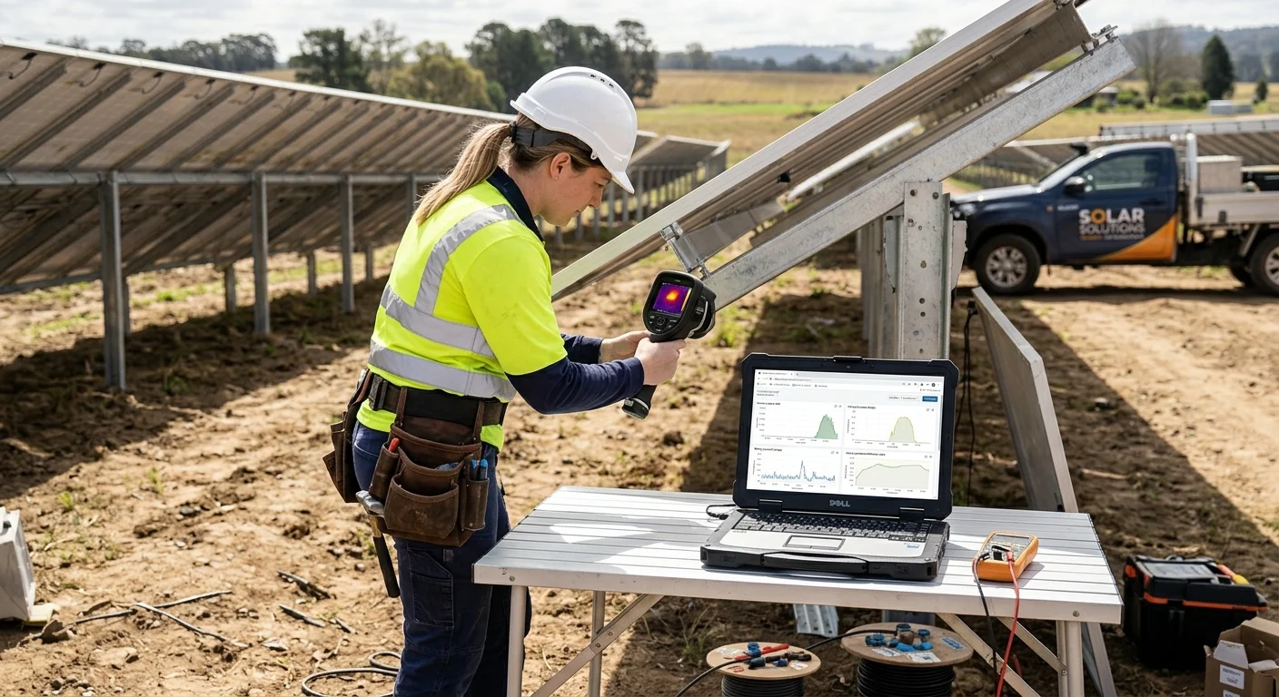Technician using a thermal imaging camera to diagnose solar panel underperformance on a farm array, with a monitoring dashboard visible on a laptop