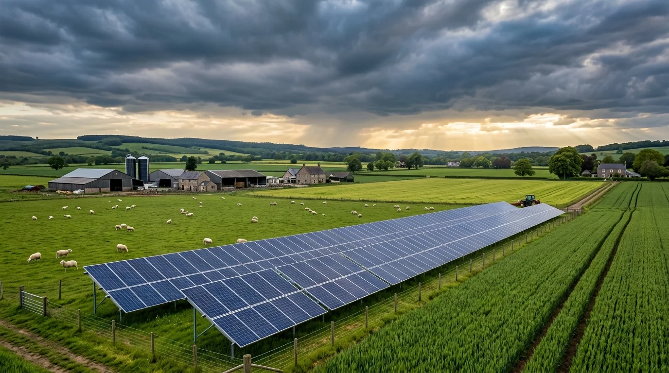 Farm solar array with an infographic overlay showing three net metering scenarios: full net metering, reduced net metering, and avoided-cost-only export compensation.