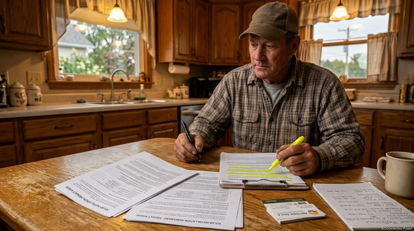 Farmer reviewing a solar installation contract at a kitchen table, with a certification lookup page open on a laptop and a list of reference addresses nearby.