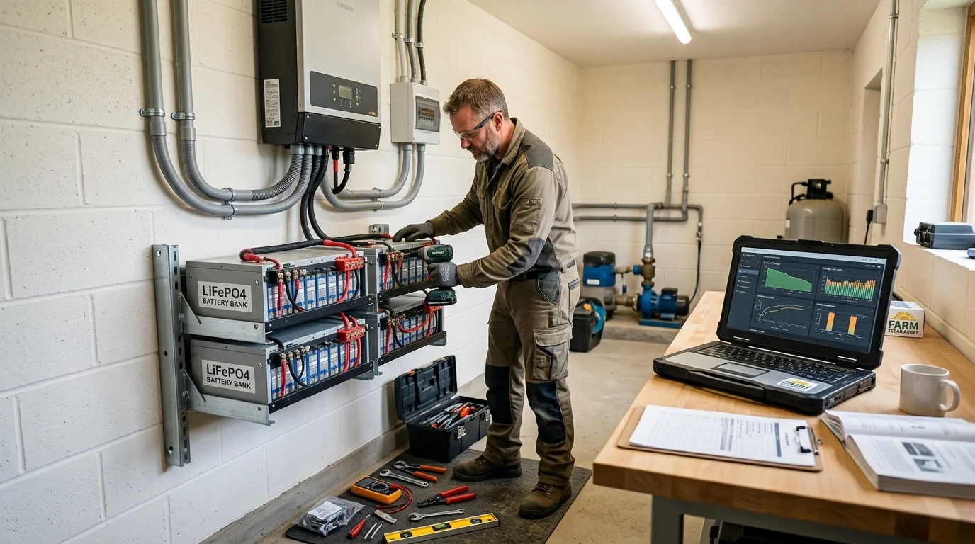 Technician installing a lithium iron phosphate battery bank in a farm utility room, with an inverter and a battery monitoring dashboard visible on a laptop.