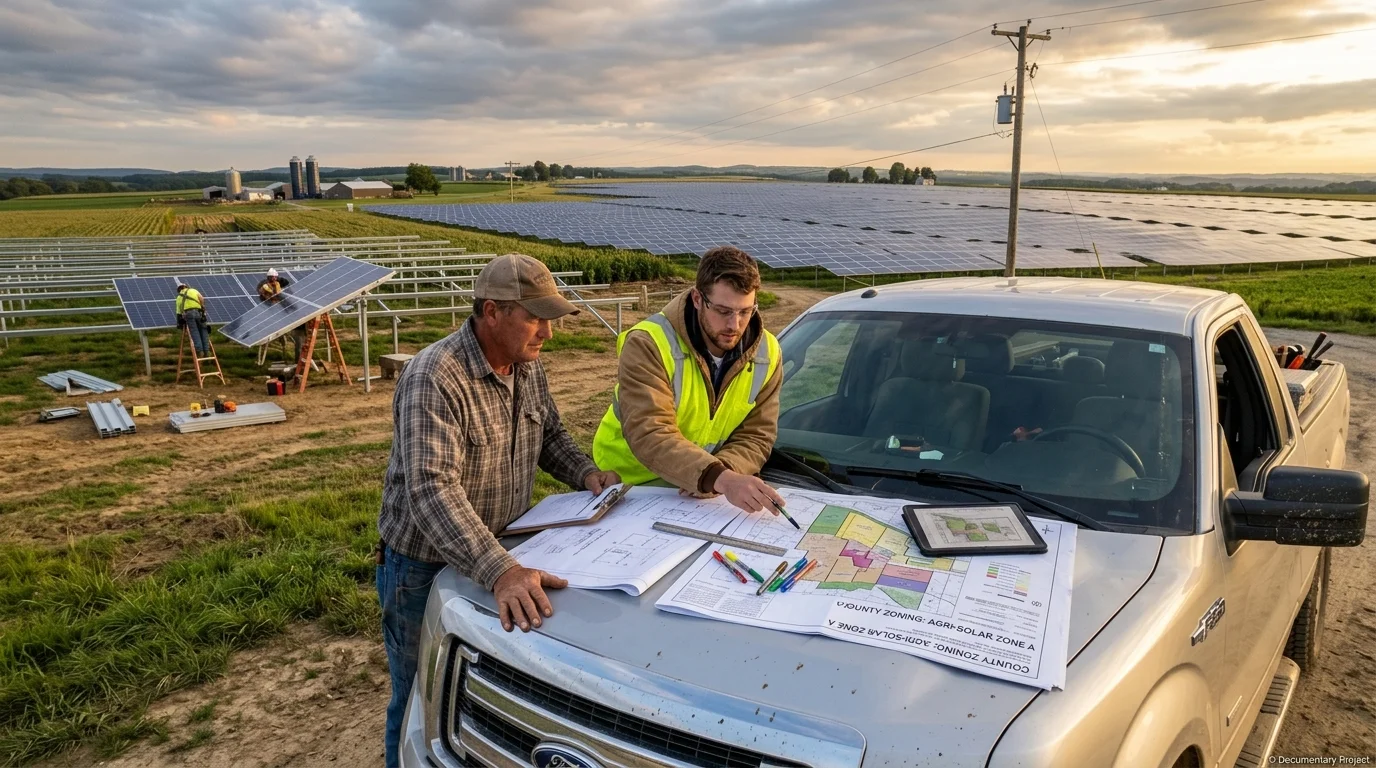 Farmer and solar installer reviewing permit drawings and county zoning maps on a pickup truck hood, with a partially constructed ground-mount array behind them.