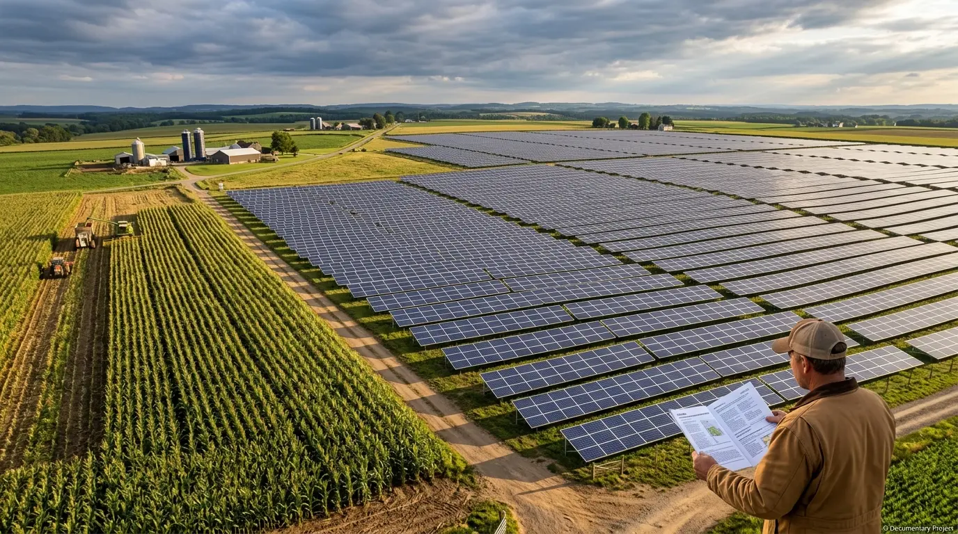 Aerial view of a utility-scale solar farm on leased farmland, with a farmer reviewing a lease document at the boundary of the array