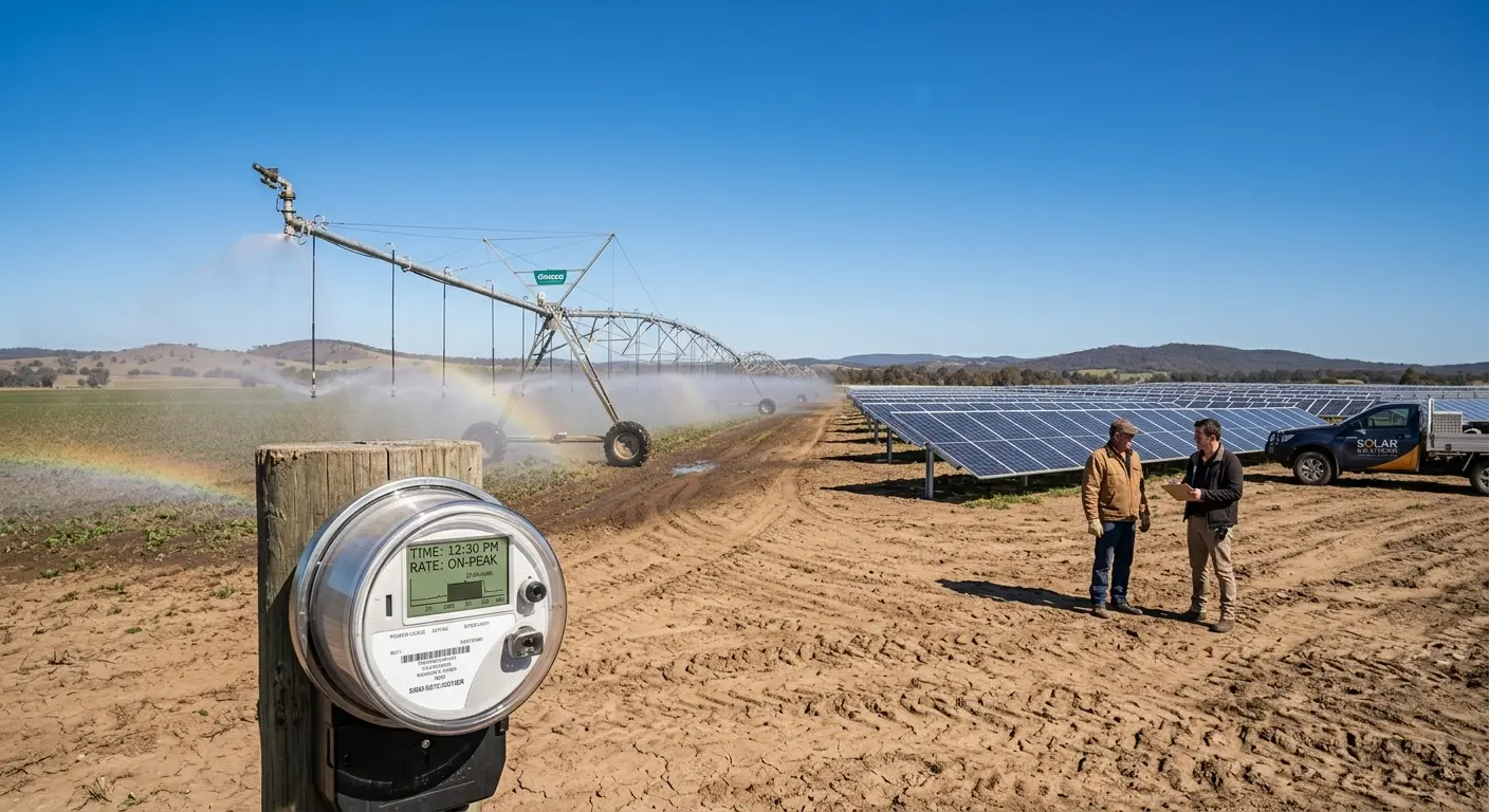 Midday irrigation pivot running under a clear sky, with a farm solar array and time-of-use utility meter visible."