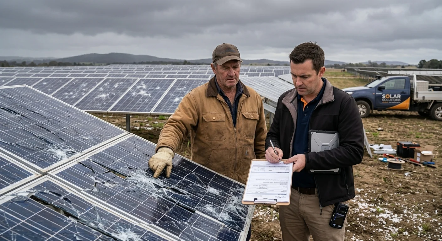 Insurance adjuster and farmer inspecting a farm solar array after hail damage, with cracked panels visible in the foreground
