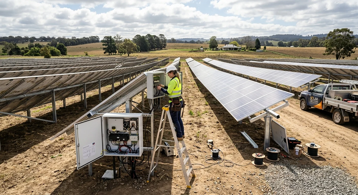 Farm solar array expansion showing older panels next to newly installed panels, with a technician connecting wiring at the transition.